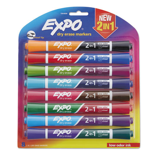 2-in-1 Dry Erase Markers, Fine/broad Chisel Tips, Assorted Colors, 8/pack