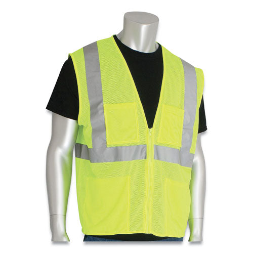 Ansi Class 2 Four Pocket Zipper Safety Vest, Polyester Mesh, 4x-large, Hi-viz Lime Yellow
