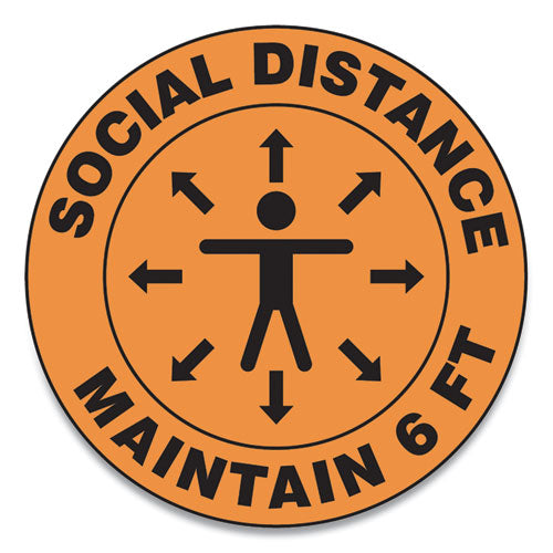 Slip-gard Social Distance Floor Signs, 17" Circle, "social Distance Maintain 6 Ft", Human/arrows, Orange, 25/pack