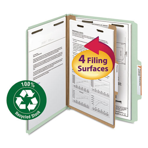 Recycled Pressboard Classification Folders, 2" Expansion, 1 Divider, 4 Fasteners, Letter Size, Gray-green, 10/box