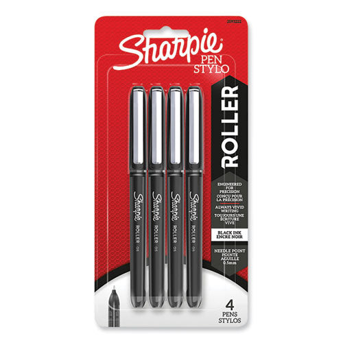 Professional Design Roller Ball Pen, Stick, Fine 0.5 Mm, Black Ink, Black Barrel, 4/pack