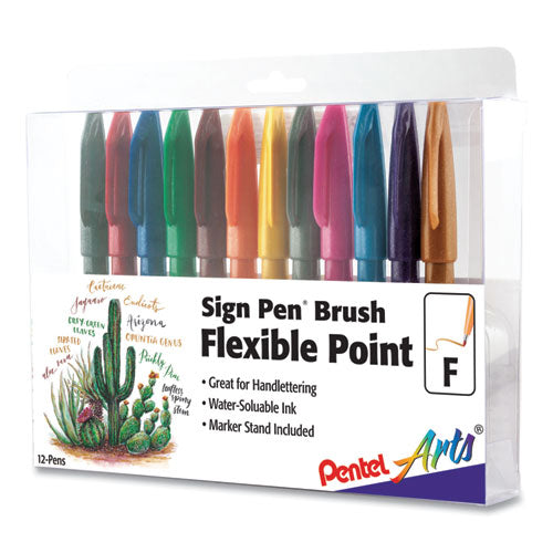Sign Pen Brush Flexible Point Marker Pen, Fine Brush Tip, Assorted Colors, Dozen