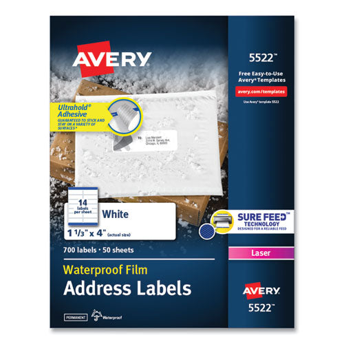 Waterproof Address Labels With Trueblock And Sure Feed, Laser Printers, 1.33 X 4, White, 14/sheet, 50 Sheets/pack