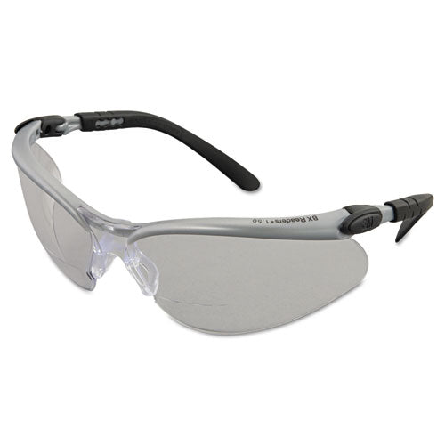 Bx Molded-in Diopter Safety Glasses, 1.5+ Diopter Strength, Silver/black Frame, Clear Lens, 20/box