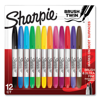 Brush Tip Permanent Marker, Twin Tip, Ultra-fine Needle/broad Brush Tips, Assorted Colors, 12/pack