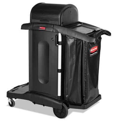 Executive High Security Janitorial Cleaning Cart, Plastic, 4 Shelves, 1 Bin, 23.1" X 39.6" X 27.5", Black