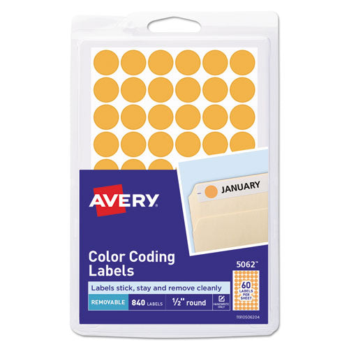 Handwrite Only Self-adhesive Removable Round Color-coding Labels, 0.5" Dia, Neon Orange, 60/sheet, 14 Sheets/pack, (5062)