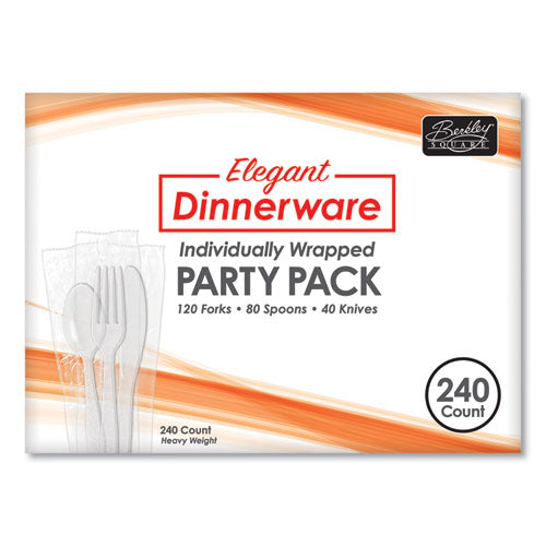 Elegant Dinnerware Heavyweight Cutlery Assortment, Individually Wrapped, 120 Forks/80 Spoons/40 Knives, White, 240/box