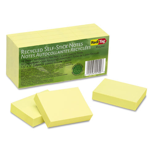 100% Recycled Self-stick Notes, 1.5" X 2", Yellow, 100 Sheets/pad, 12 Pads/pack