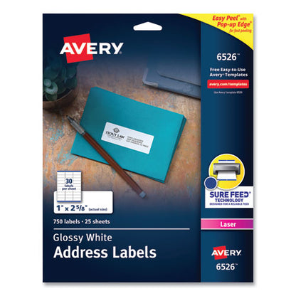 Glossy White Easy Peel Mailing Labels W/ Sure Feed Technology, Laser Printers, 1 X 2.63, White, 30/sheet, 25 Sheets/pack