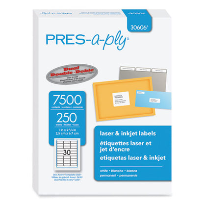 Labels, Laser Printers, 1 X 2.63, White, 30/sheet, 250 Sheets/box