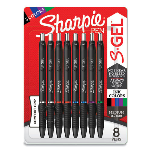 S-gel High-performance Gel Pen, Retractable, Medium 0.7 Mm, Five Assorted Ink Colors, Black Barrel, 8/pack