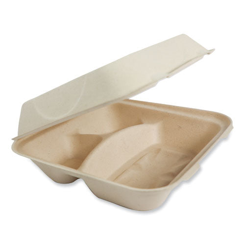 Fiber Hinged Containers, 3-compartment, 9.3 X 9 X 3.3, Natural, Paper, 300/carton