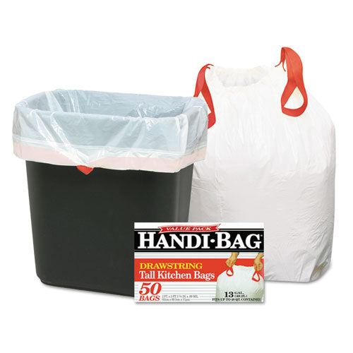 Drawstring Kitchen Bags, 13 Gal, 0.6 Mil, 24" X 27.4", White, 50 Bags/box, 6 Boxes/carton