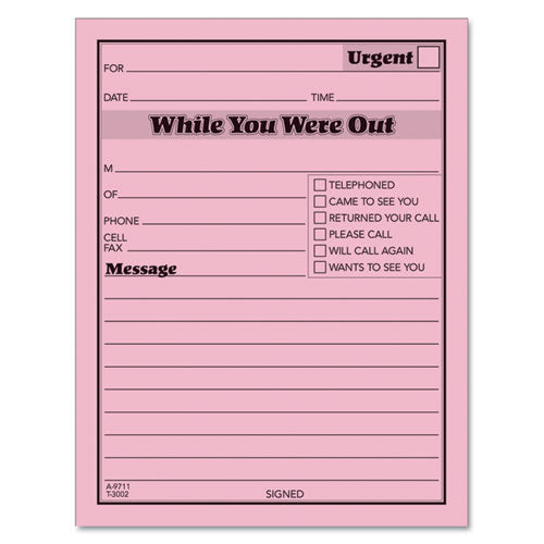 Pink Message Pad, One-part (no Copies), 4.25 X 5.5, 50 Forms/pad, 12 Pads/pack