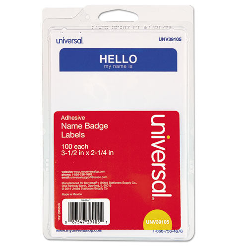 "hello" Self-adhesive Name Badges, 3.5 X 2.25, White/blue, 100/pack