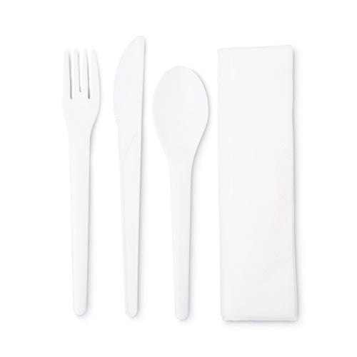 Plantware Compostable Cutlery Kit, Knife/fork/spoon/napkin, 6", Pearl White, 250 Kits/carton