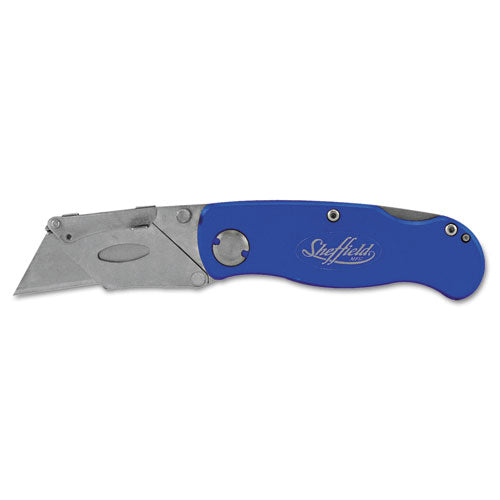 Sheffield Folding Lockback Knife, 1 Utility Blade, 2" Blade, 3.5" Aluminum Handle, Blue