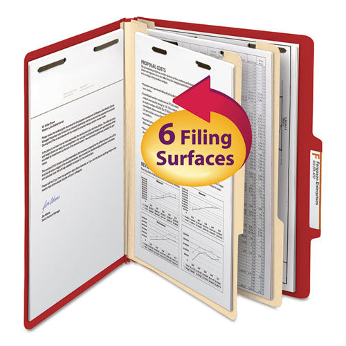 Top Tab Classification Folders, Six Safeshield Fasteners, 2" Expansion, 2 Dividers, Letter Size, Red Exterior, 10/box