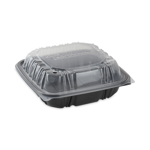 Earthchoice Vented Dual Color Microwavable Hinged Lid Container, 1-compartment, 38oz, 8.5x8.5x3, Black/clear, Plastic, 150/ct