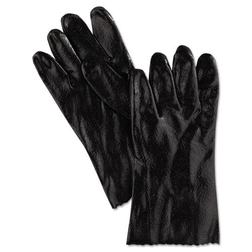 Single Dipped Pvc Gloves, Rough, Interlock Lined, 12" Long, Large, Black, 12 Pair