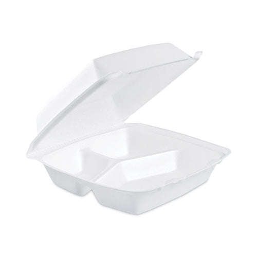 Insulated Foam Hinged Lid Containers, 3-compartment. 7.9 X 8.4 X 3.3, White, 200/carton