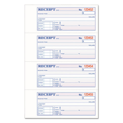 Tops 3-part Hardbound Receipt Book, Three-part Carbonless, 7 X 2.75, 4 Forms/sheet, 200 Forms Total
