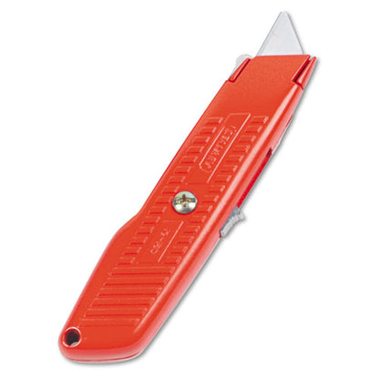 Interlock Safety Utility Knife With Self-retracting Round Point Blade, 5.63" Metal Handle, Red Orange