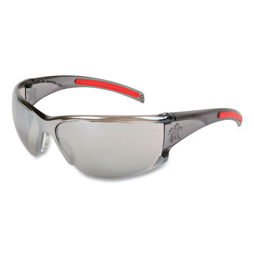 Hk1 Series Safety Glasses, Wraparound, Scratch-resistant, Silver Mirror Lens, Smoke/red Frame
