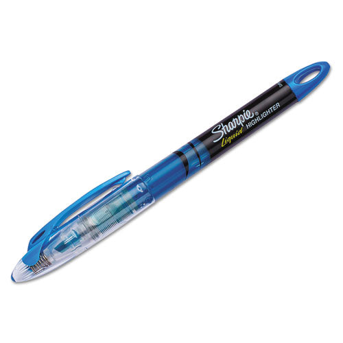Liquid Pen Style Highlighters, Fluorescent Blue Ink, Chisel Tip, Blue/black/clear Barrel, Dozen