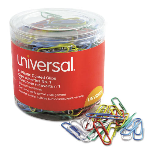 Plastic-coated Paper Clips With One-compartment Dispenser Tub, #1, Assorted Colors, 500/pack
