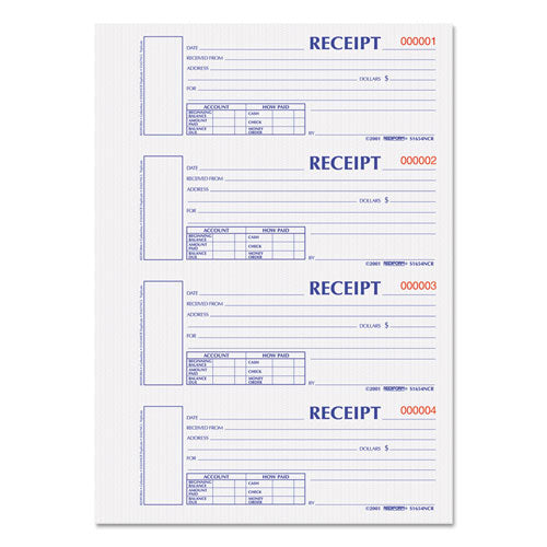 Durable Hardcover Numbered Money Receipt Book, Two-part Carbonless, 6.88 X 2.75, 4 Forms/sheet, 300 Forms Total