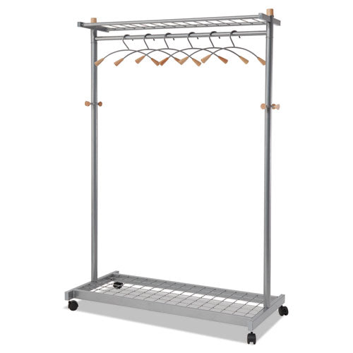 Garment Racks, Two-sided, 2-shelf Coat Rack, 6 Hanger/6 Hook, 44.8w X 21.67d X 70.8h, Silver/wood