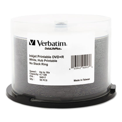 Dvd+r Recordable Disc, 4.7 Gb, 16x, Spindle, Hub Printable, White, 50/pack