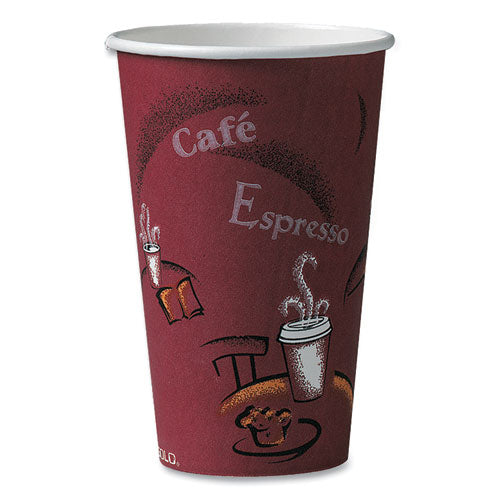 Paper Hot Drink Cups In Bistro Design, 16 Oz, Maroon, 50/pack