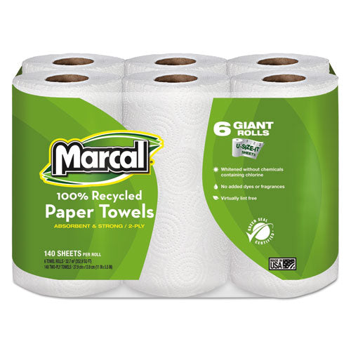 100% Premium Recycled Kitchen Roll Towels, 2-ply, 11 X 5.5, White, 140/roll, 6 Rolls/pack