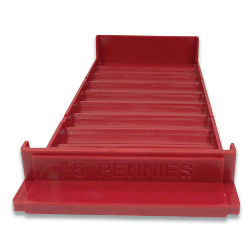 Stackable Plastic Coin Tray, Pennies, 10 Compartments, Denomination And Capacity Etched On Side, Stackable, 10 X 5, Red