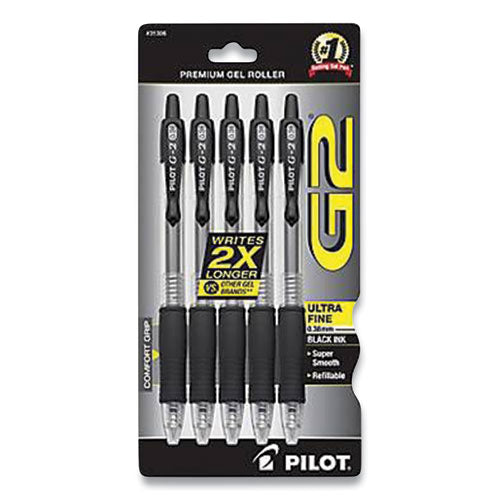 G2 Premium Gel Pen, Retractable, Extra-fine 0.38 Mm, Black Ink, Clear/black Barrel, 5/pack