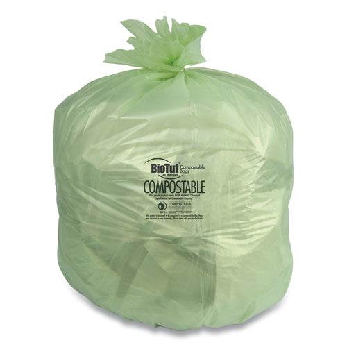 Biotuf Compostable Can Liners, 48 Gal, 0.8 Mil, 42" X 48", Green, 25 Bags/roll, 5 Rolls/carton