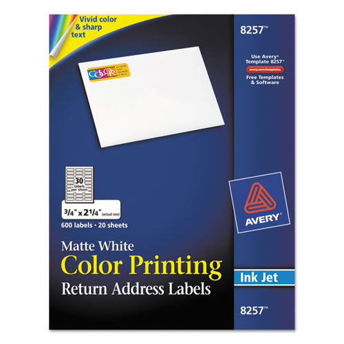 Vibrant Color Printing Mailing Labels, Inkjet Printers, 0.75 X 2.25, Matte White, 30/sheet, 20 Sheets/pack