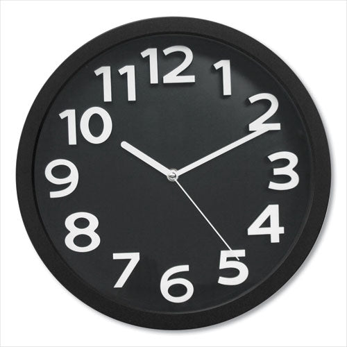 Wall Clock With Raised Numerals And Silent Sweep Dial, 13" Overall Diameter, Black Case, Black Face, 1 Aa (sold Separately)