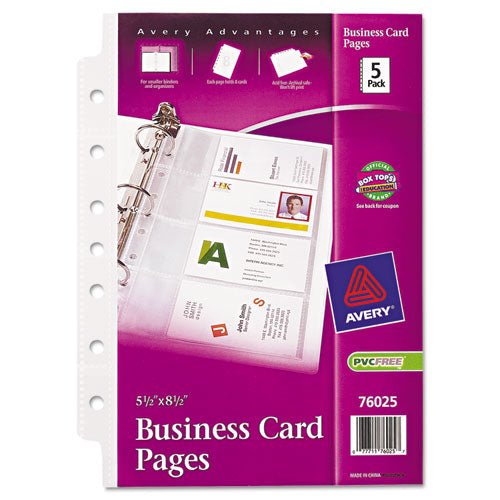 Business Card Binder Pages, For 2 X 3.5 Cards, Clear, 8 Cards/sheet, 5 Pages/pack