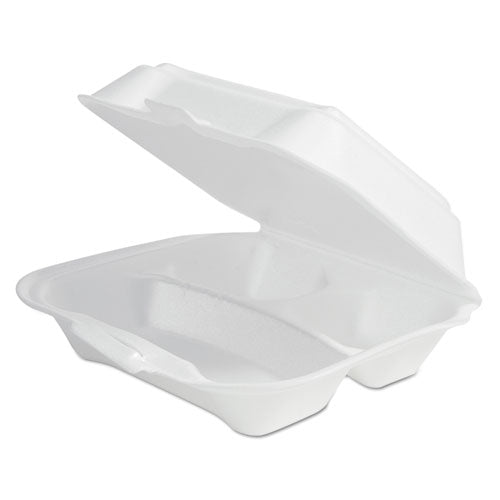 Foam Hinged Lid Container Secure One Tab Latch, 3-compartment, 7.81 X 8.75 X 3.38, White, 100/sleeve, 2 Sleeves/bag, 1 Bag/pk