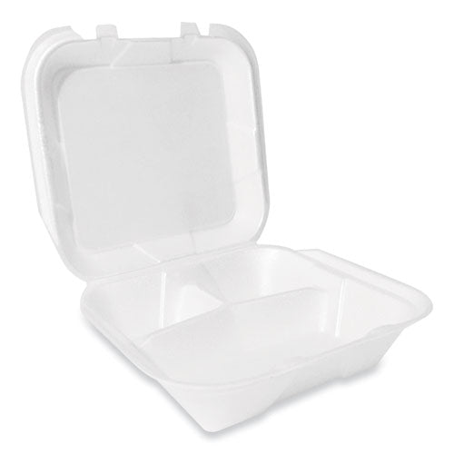 Foam Hinged Lid Container, Secure Two Tab Latch, Poly Bag, 3-compartment, 9 X 9 X 3, White, 100/bag, 2 Bags/carton