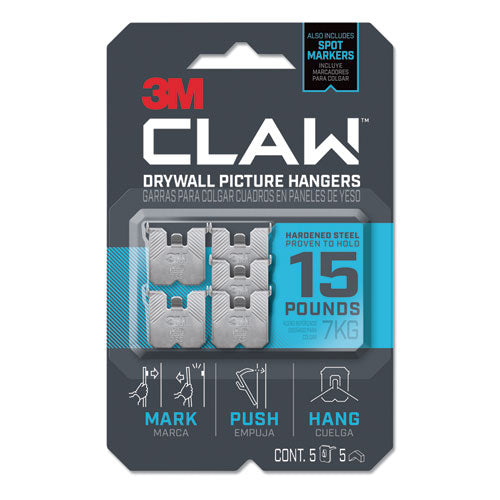 Claw Drywall Picture Hanger, Stainless Steel, 15 Lb Capacity, 5 Hooks And 5 Spot Markers