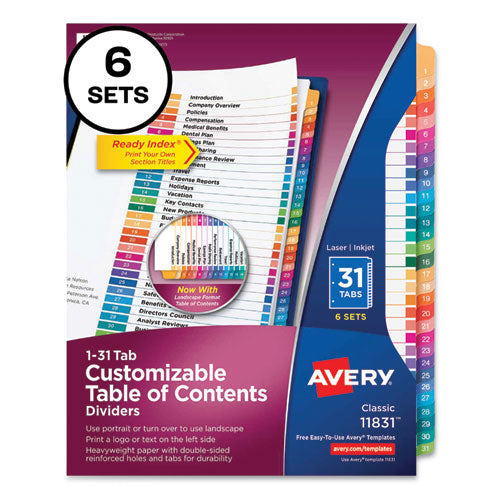 Customizable Table Of Contents Ready Index Multicolor Dividers, 31-tab, 1 To 31, 11 X 8.5, White, 6 Sets