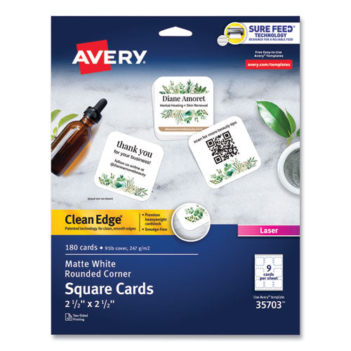 Square Clean Edge Cards With Sure Feed Technology, Laser, 2.5 X 2.5, White, 180 Cards, 9 Cards/sheet, 20 Sheets/pack