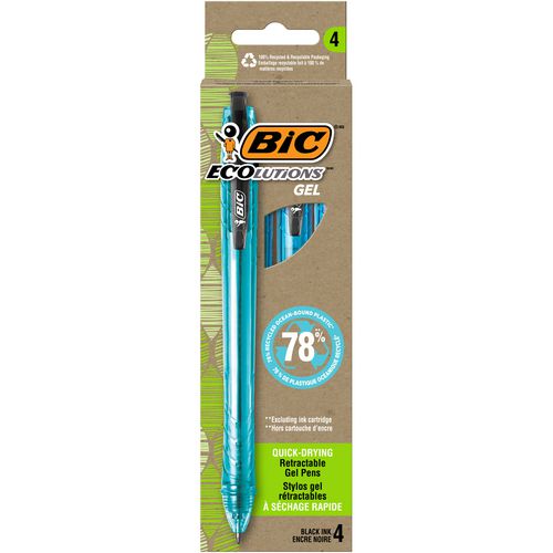 Ecolutions Gel Pen, Retractable, Medium 1 Mm, Black Ink, Blue Barrel, 4/pack