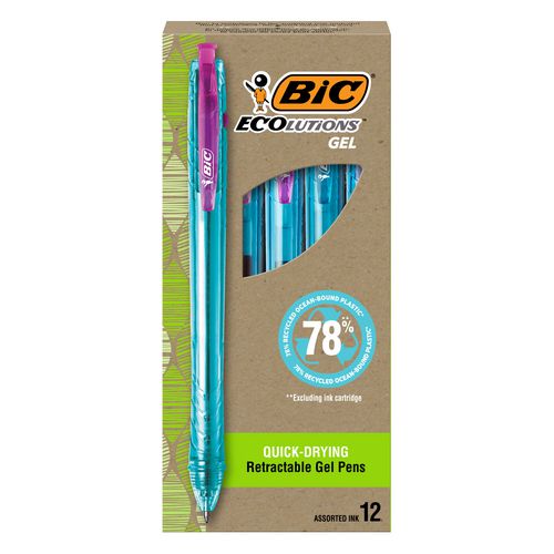 Ecolutions Gel Pen, Retractable, Medium 1 Mm, Assorted Ink, Blue Barrel, Dozen