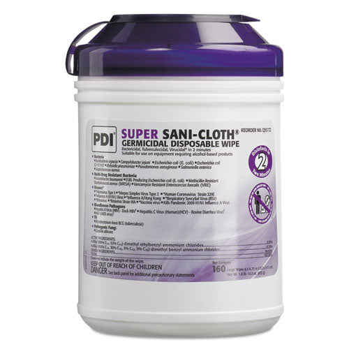 Super Sani-cloth Germicidal Disposable Wipes, 1-ply, 6 X 6.75, Unscented, White, 160/canister, 12 Canisters/carton